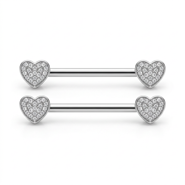 2Pcs 14G 16mm Nipple Heart Nipple Bar Surgical Steel CZ Gem Crystal Barbell Pair