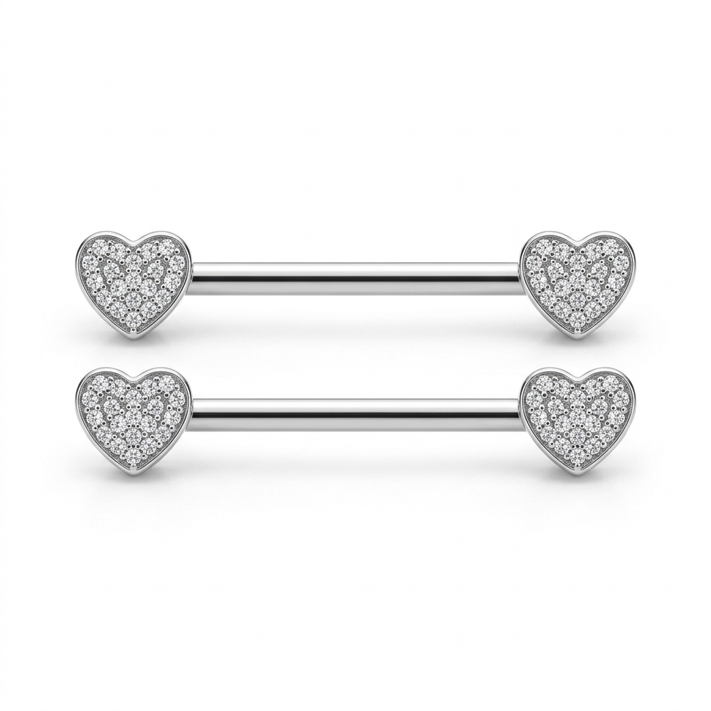2Pcs 14G 16mm Nipple Heart Nipple Bar Surgical Steel CZ Gem Crystal Barbell Pair
