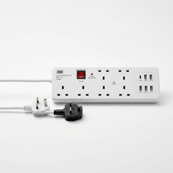 3M Extension Lead 6 Gang Power Strip UK Plug Surge Protected Type-C 4 USB Ports
