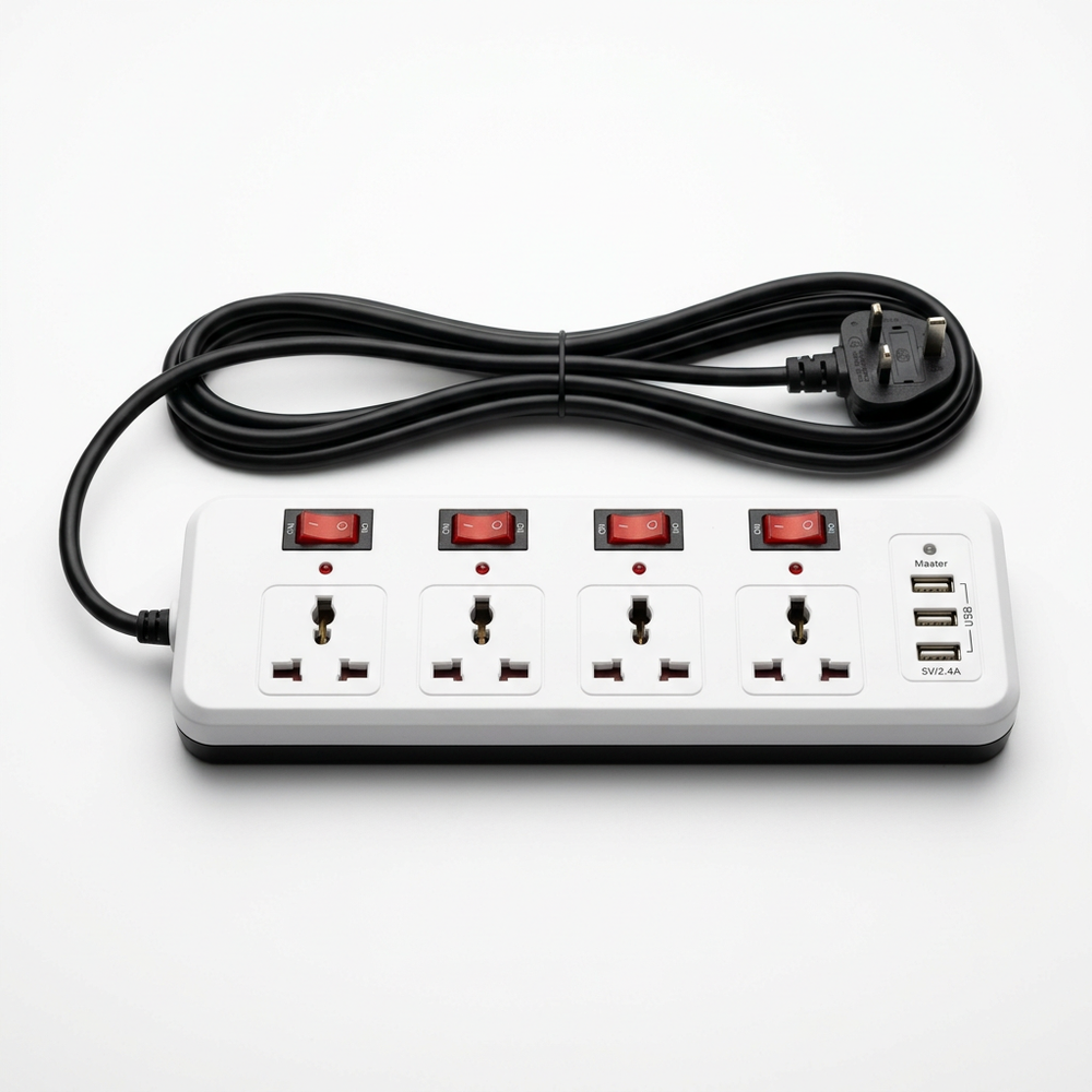 4 Gang Universal Socket Extension Lead Individually Switched with 3 USB Ports 2M