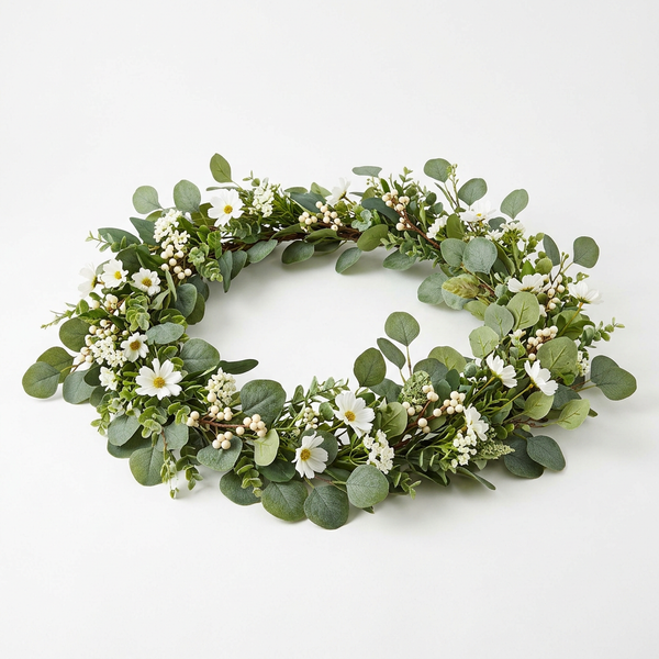 Artificial Eucalyptus Garland Faux Plant Greenery with White Flowers Berrie 1.8m