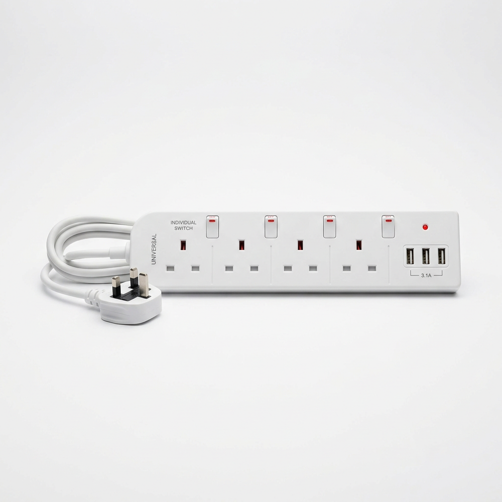 Universal Extension Lead Mains Individual Switch 4 Gang 3 USB Switch 2M Plug UK