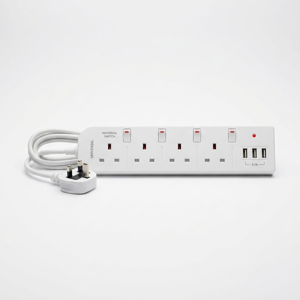 Universal Extension Lead Mains Individual Switch 4 Gang 3 USB Switch 2M Plug UK
